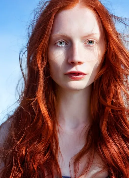 Image similar to close up portrait photograph of a thin young redhead woman with russian descent, sunbathed skin, with deep blue eyes. Wavy long maroon colored hair. she looks directly at the camera. Slightly open mouth, face takes up half of the photo. a park visible in the background. 55mm nikon. Intricate. Very detailed 8k texture. Sharp. Cinematic post-processing. Award winning portrait photography. Sharp eyes.