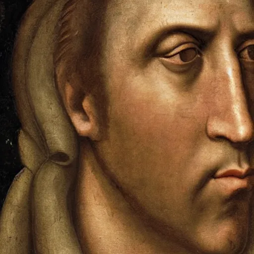 Prompt: A renaissance fresco representing Nicholas Cage, by Michelangelo, museum catalog, high detail