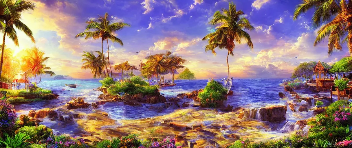 Image similar to beautiful Paradise, sunny, photorealistic, masterpiece, award winning landscape photo, hyperdetailed