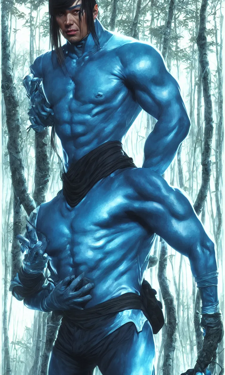 Prompt: portrait of sub zero in the forest, full body shot, highly detailed dramatic lighting fantasy artstation artgerm, mk ninja, tight blue ninja suit, by lee bermejo, alphonse mucha and greg rutkowski