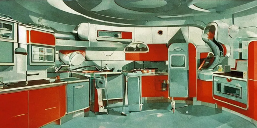 Image similar to soviet retro - futuristic kitchen, space station