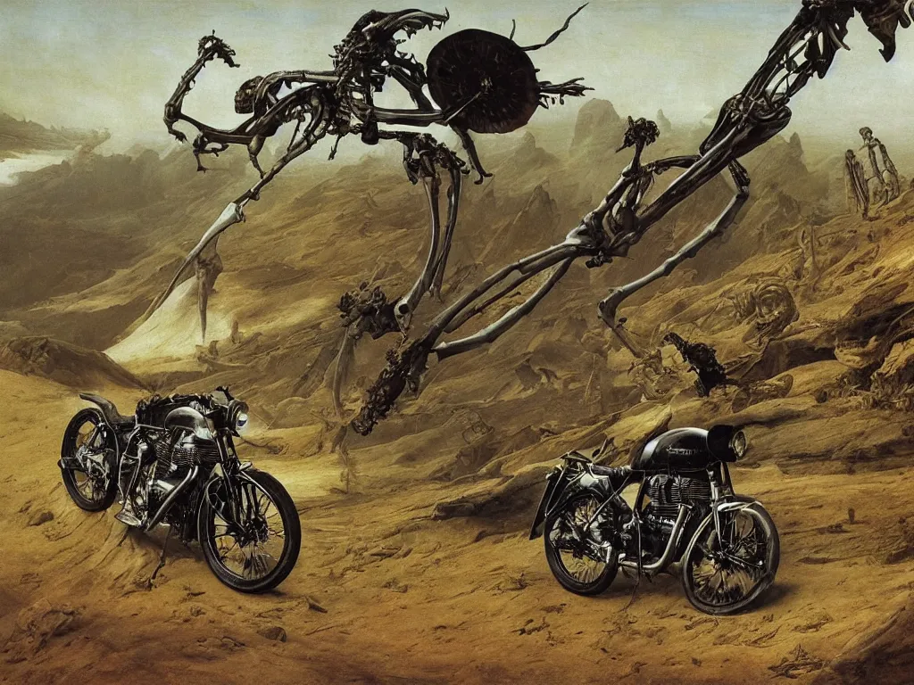 Prompt: Into darkest cosmos, A Royal Enfield Interceptor 650 motorcycle flying and a skeleton is riding it. Painting by Caspar David Friedrich, Roger Dean, Walton Ford