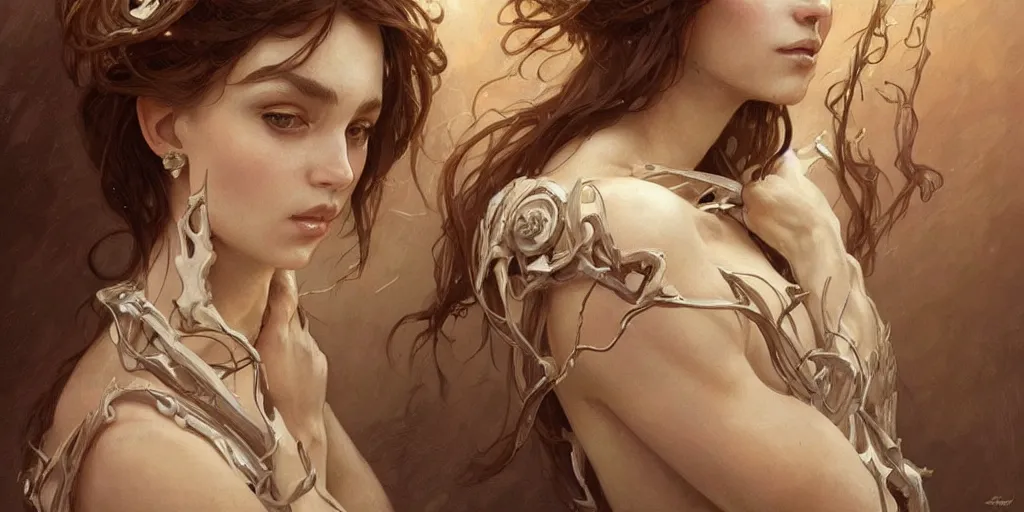 Prompt: fantasy portrait of woman made of bones, very very beautiful, elegant, highly detailed, digital painting, artstation, concept art, smooth, sharp focus, illustration, art by artgerm and greg rutkowski and alphonse mucha