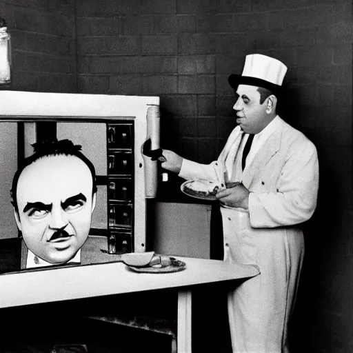 Image similar to al capone as a calzone being turned into a calzone as a calzone but still with the face of al capone being baked in an oven as a calzone, realistic, hyperrealistic, ultra realistic, real, real world, highly detailed, very detailed, extremely detailed, intricate details, 8 k resolution, hd quality