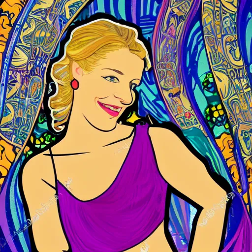 Image similar to portrait of a blonde, happy, laughing, beautiful, danish scrum master. she is looking a you with loving, calm eyes. the background is colorful and inspired by alphonse mucha