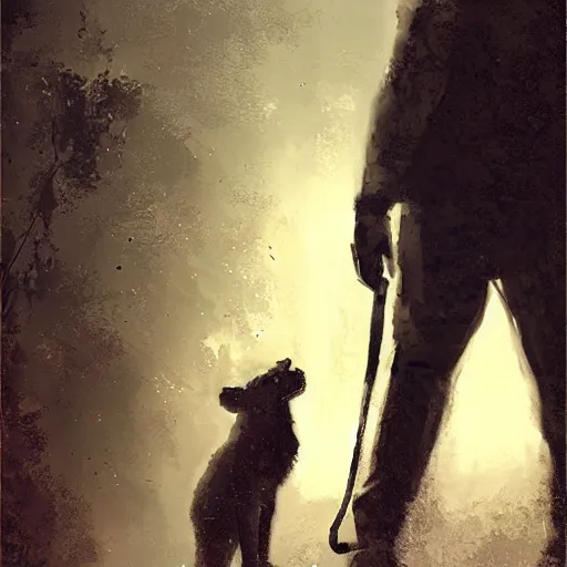 Prompt: An Black 1920's explorer holding a lion cub in his hands arwork by Craig Mullins, artstation trending, cinematic lighting