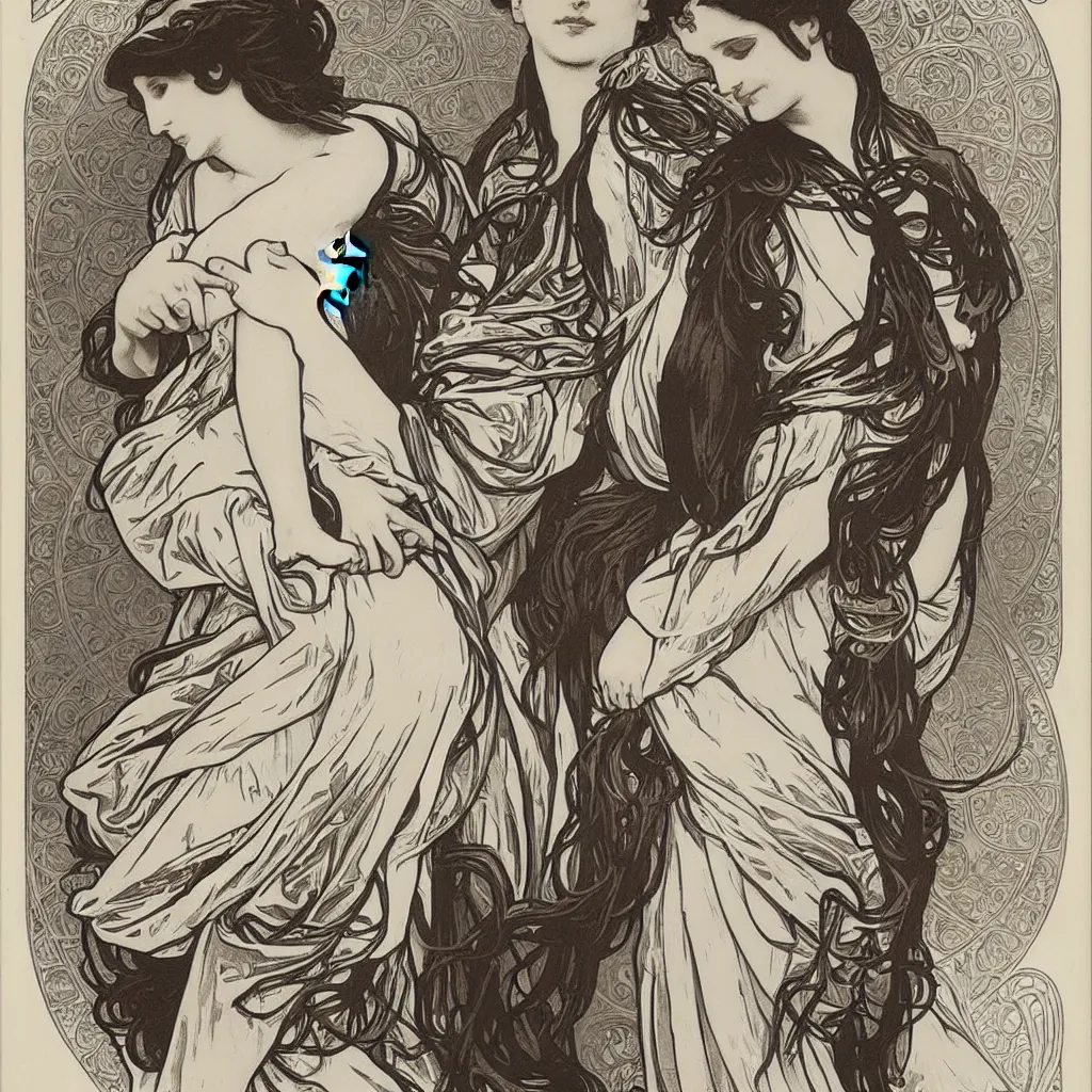 Image similar to monochromatic engraving by alphonse mucha and gustave klint