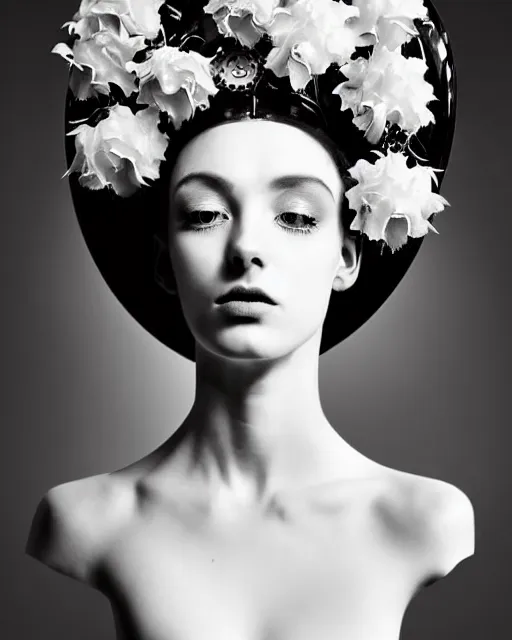 Prompt: a black and white high quality dreamy photo of a young beautiful female queen-pale dragon-vegetal-many big steampunk flowers-cyborg bust with a very long neck, elegant, highly detailed, poetic, soft, dreamy, mysterious, high fashion, in the style of Horst P. Horst, Realistic, Refined, Digital Art, Highly Detailed, Cinematic Lighting, rim light, black and white, photo-realistic, 8K
