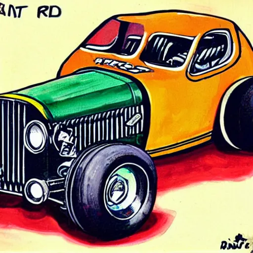 Prompt: giant hotrod drinking oil like a beer, in the style of Ed Roth