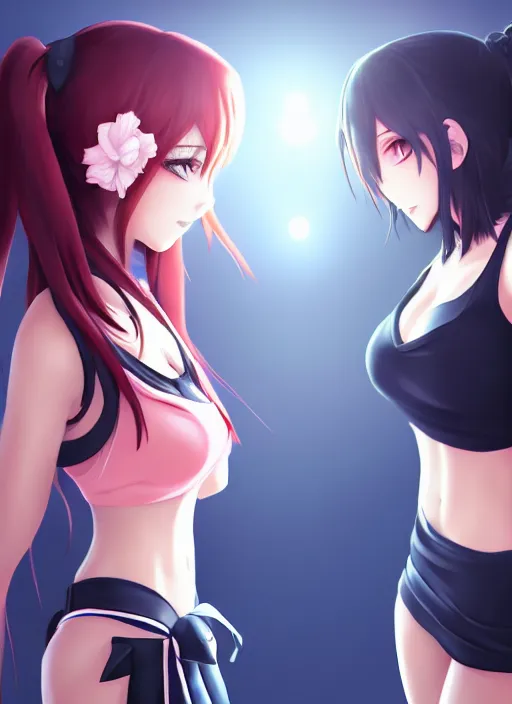 Prompt: two beautiful female rivals taunting each other, casual clothes, gorgeous faces, smooth, cinematic lighting, detailed anime art