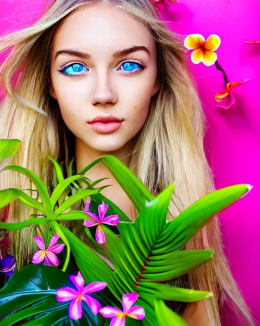 Image similar to an attractive girl is surrounded by colourful tropical flowers and plants, symmetric face and eyes, upper body face shot, long straight blonde hair, visible face