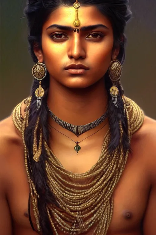 Image similar to photorealistic portrait of a young butch indian woman, handsome, female, masculine, upper body, fantasy, fierce, sharp features, intricate, elegant, highly detailed, digital painting, artstation, concept art, matte, sharp focus, illustration, art by artgerm and greg rutkowski and alphonse mucha
