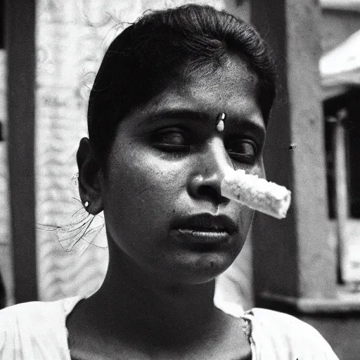 Image similar to portrait of a sri lankan woman smoking cigarette, vintage photo in 8 0's style