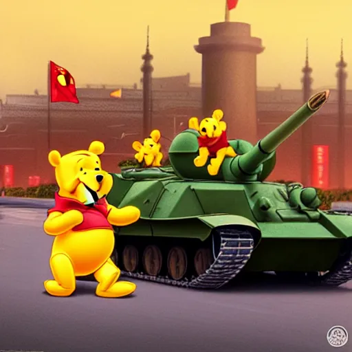 Prompt: winnie the pooh at tiananmen square sitting down on road in front of line of chinese tanks, award winning photography, extremely detailed, artstation, 8 k, sensual lighting, incredible art, wlop, artgerm