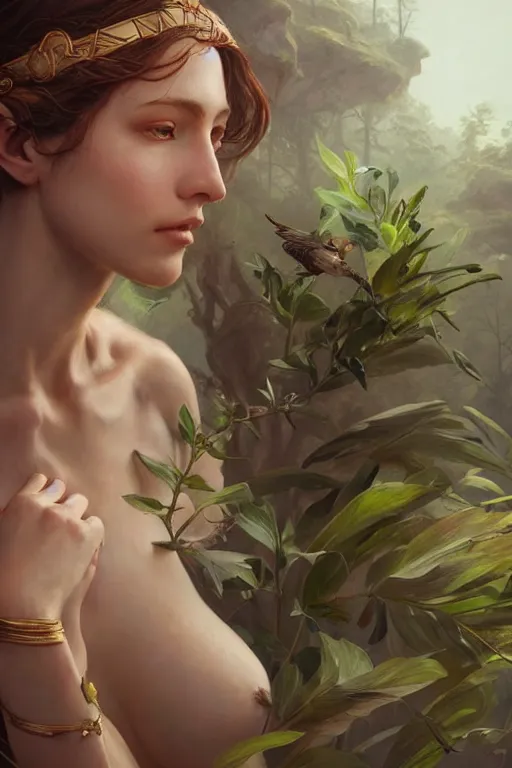 Prompt: goddess of nature, accurate anatomy, only two hands, highly detailed, digital painting, artstation, concept art, smooth, sharp focus, illustration, Unreal Engine 5, 8K, art by artgerm and greg rutkowski and edgar maxence