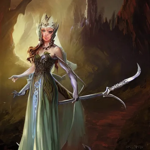 Image similar to elven princess character portrait by frank frazetta - wearing a dress, holding a staff, casting a spell, fantasy, dungeons & dragons, sharp focus, beautiful, artstation contest winner, detailed