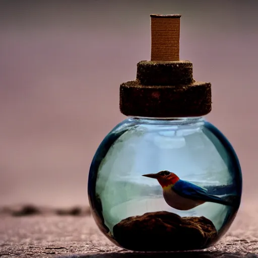 Prompt: bird in a bottle, award winning photography, hyper realistic, 4 k