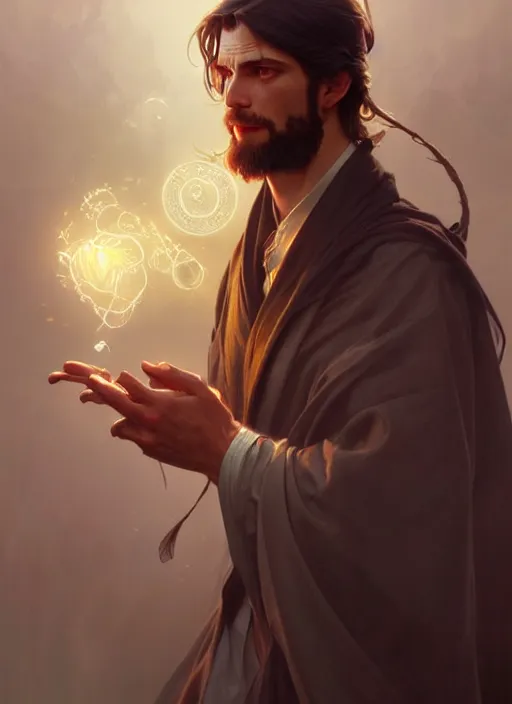 Image similar to ultra realistic illustration, handsome wizard. intricate, elegant, magic, highly detailed, digital painting, artstation, concept art, smooth, sharp focus, illustration, art by artgerm and greg rutkowski and alphonse mucha and wlop