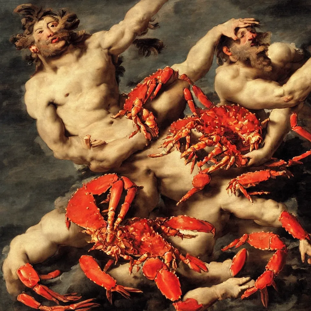 Image similar to High detailed painting of a bearded Hercules hugging a giant red crab, by Giambattista Tiepolo, 1736