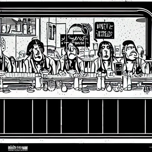 Image similar to terry gilliam style cartoon of nighthawks at the diner