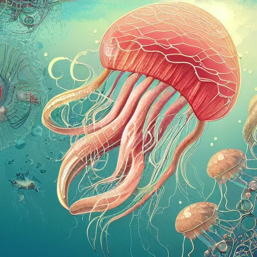 Prompt: hyperdetailed photorealistic! modern childrenbook illustration of a maximalist voluptuous! elegant! transparent!!! rose and white jellyfish, swimming in the ocean. enriched with interesting steampunk! details. seen from the distance. transparent soft natural tones