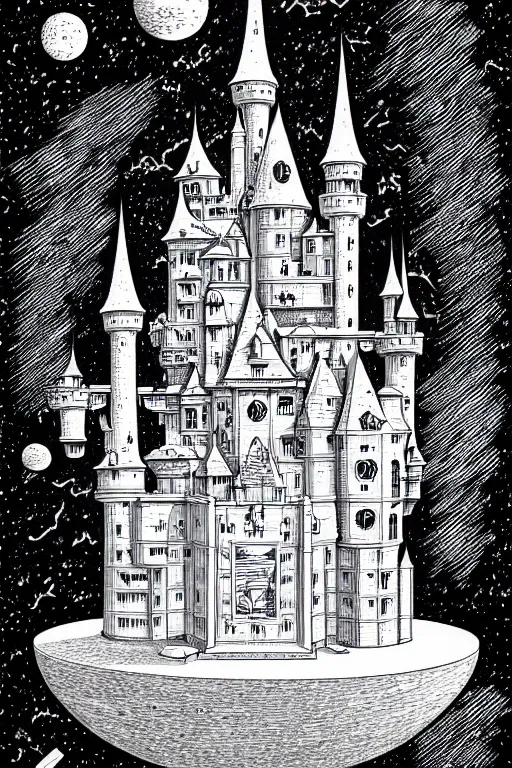 Prompt: a line drawing of a flying science fiction castle joe fenton, trending on artstation, realistic rendering