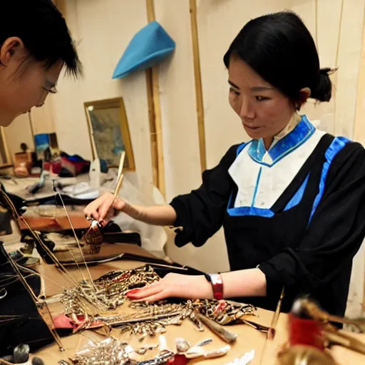 Image similar to A chinese female goldsmith at her desk crafting a necklace