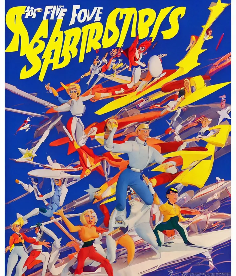 Image similar to Hannah Barbera cartoons of Five Star Stories as Whacky Races, promotional poster super detailed , xpensive production, realistic style, gouache colors, Hollywood retro cartoon poster, golden era of animation work