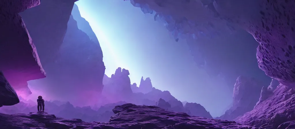 Image similar to one astronaut on purple [ [ [ crystal ] ] ] caves, amethyst, beautiful dynamic lighting, cinematic, wide angle establishing shot, extremely high detail, photo realistic, cinematic lighting, artstation, matte painting, style by frederic church, raphael lacoste, greg rutkowski, roger deakins