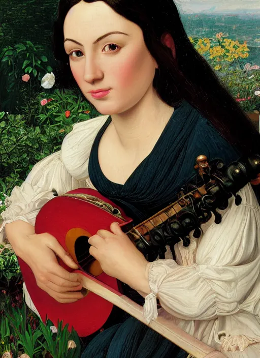 Prompt: close-up portrait of young female english lute player, with straight black hair, with high cheekbones, with narrow nose, in a garden,, painting in the museum, highly detailed, sharp focus, digital painting, artwork by Kinkade, by Victor Adame Minguez by Yuumei by Tom Lovell by Sandro Botticelli