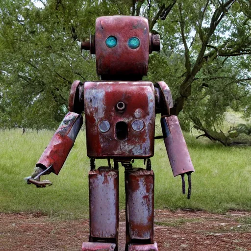 Image similar to rusty robot sitting by a tree, auction catalogue photo