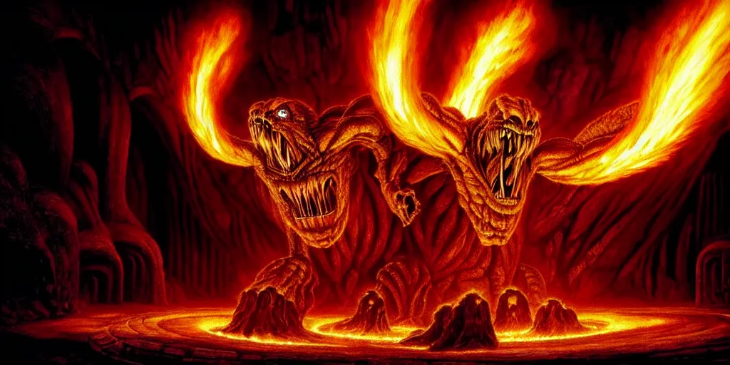 Image similar to giant balrog running through a great hall towards the camera, columns along both sides of the great hall in moria, balrog is breathing fire, style of h. r. giger, dark, cinematic