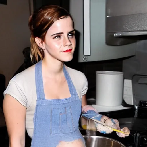 Prompt: Emma Watson pregnant and cooking over a hot stove.