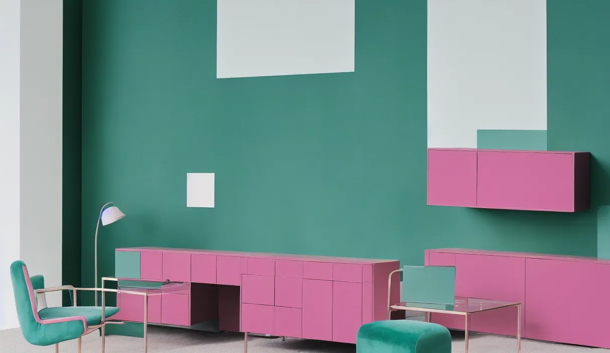 Image similar to a minimal 7 0 s prisunic catalog with the indoor office of severance series ( 2 0 2 2 ), in color, all furniture in pink velvet, soft clear green, blue navy and metal