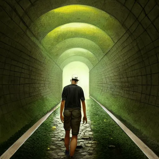 Image similar to A man in shorts and baseball cap walks down a very long, high walled tunnel, green floor, long shaddow, his back is turned, highly detailed, digital painting, artstation, concept art, smooth, sharp focus, illustration, art by greg rutkowski