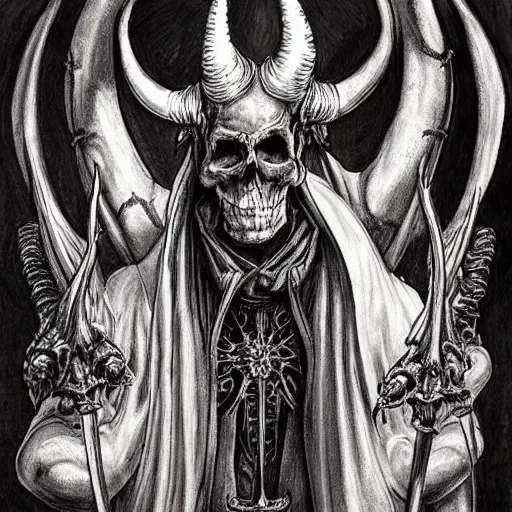 Prompt: A highly detailed and realistic occult art of a demon with huge horns and a skull mask , standing in the middle of a dark gothic cathedral , art by Archangel