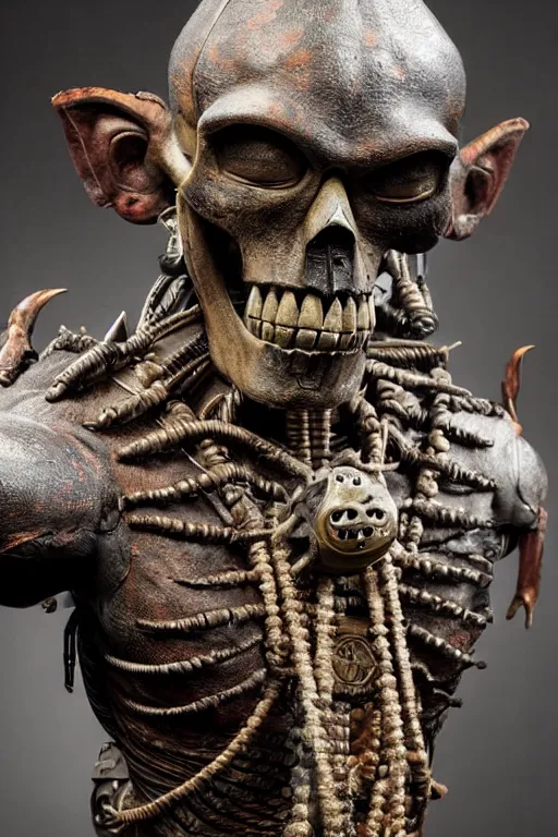 Prompt: photo taken of an epic intricate, ultra detailed, super realistic gritty, hero prop, exquisitely weathered animatronic movie prop of a lifelike sculpture of a tlaloc the god of the death creature displayed in the workshop, created by weta workshop, full body shot, photorealistic, sharp focus