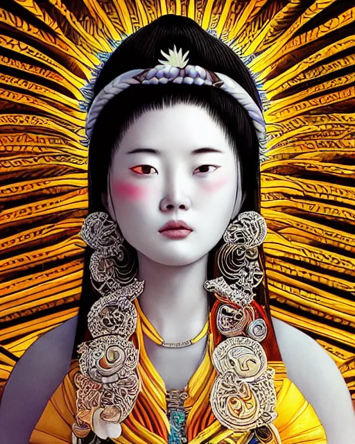 Image similar to hyper realistic portrait photo of ameterasu the sun goddess of japan, portrait shot, intricate detail