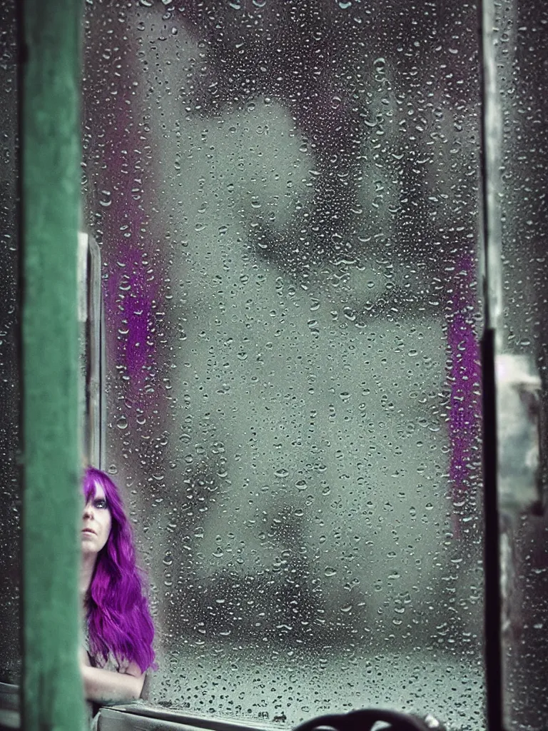 Prompt: there's so many raindrops on the window that you can barely make out the depressed punk on the other side photographed by Mark Seliger, green and purple hair, nighttime, city light reflections