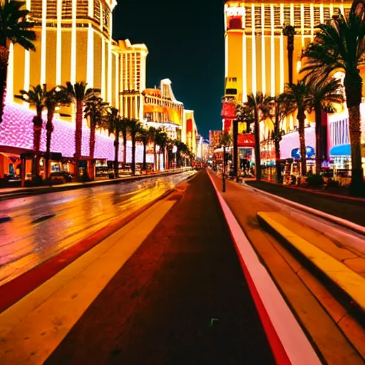 Prompt: Walking down las vegas strip, Nightlife, Photography, Fisheye Lens, 8K, Bright