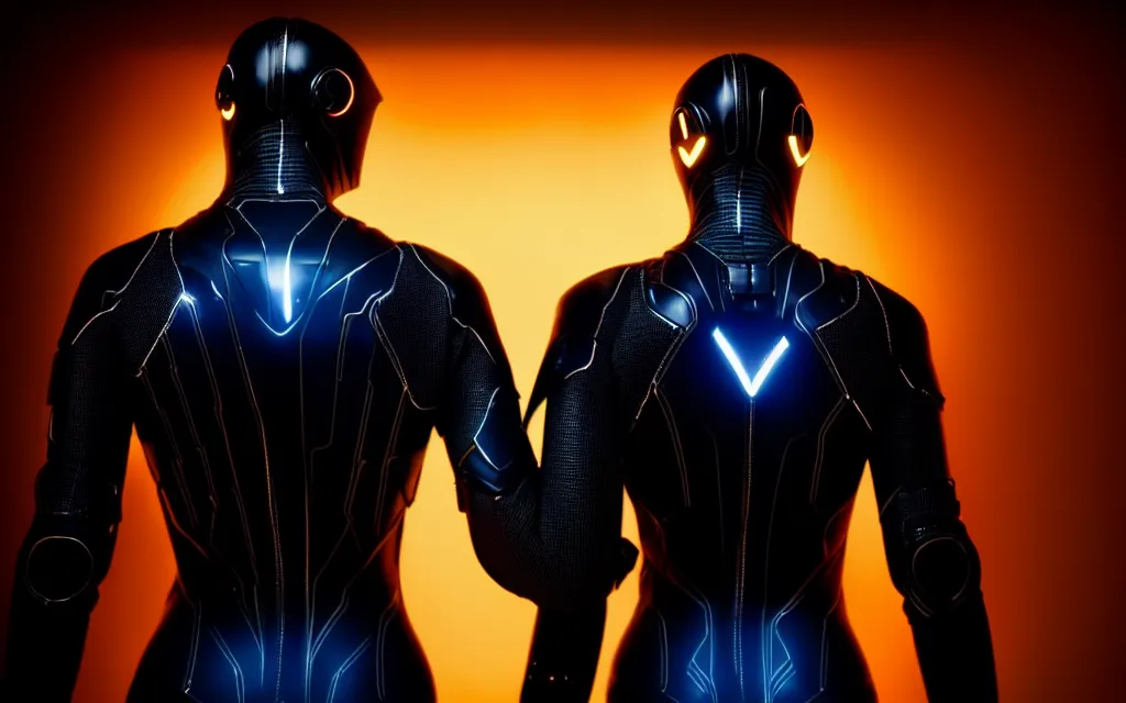 Image similar to love, diverse dark cybersuits, from behind, wide wide angle, vivid, elaborate, highly detailed, beautiful lighting