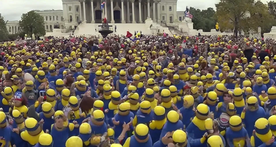 Prompt: GoPro footage of an army of patriotic Minions storming the Capitol