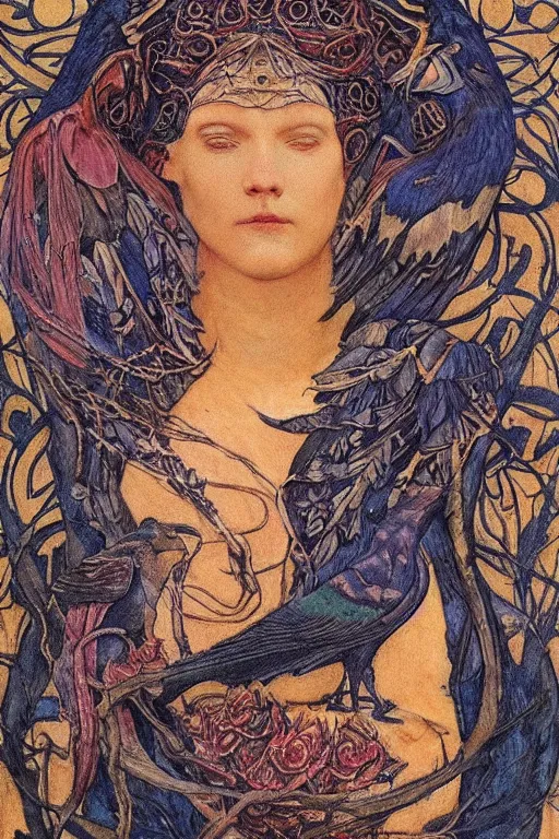 Prompt: dream of the raven king, by Annie Swynnerton and jean delville and Nicholas Roerich, embroidered brocade, tattoos, elaborate costume, geometric ornament, symbolist, rich colors, dramatic lighting, smooth, sharp focus, extremely detailed