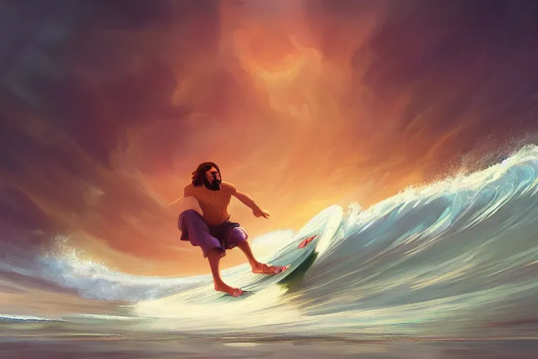 Prompt: jesus surfing the vibe wave by mandy jurgens, artstation