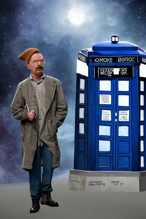 Prompt: walter white and the tardis, photorealistic, highly detailed,