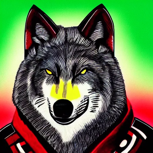 Image similar to portrait of retarded wolf, eyes in different directions, vivid colors, very poor, propaganda style