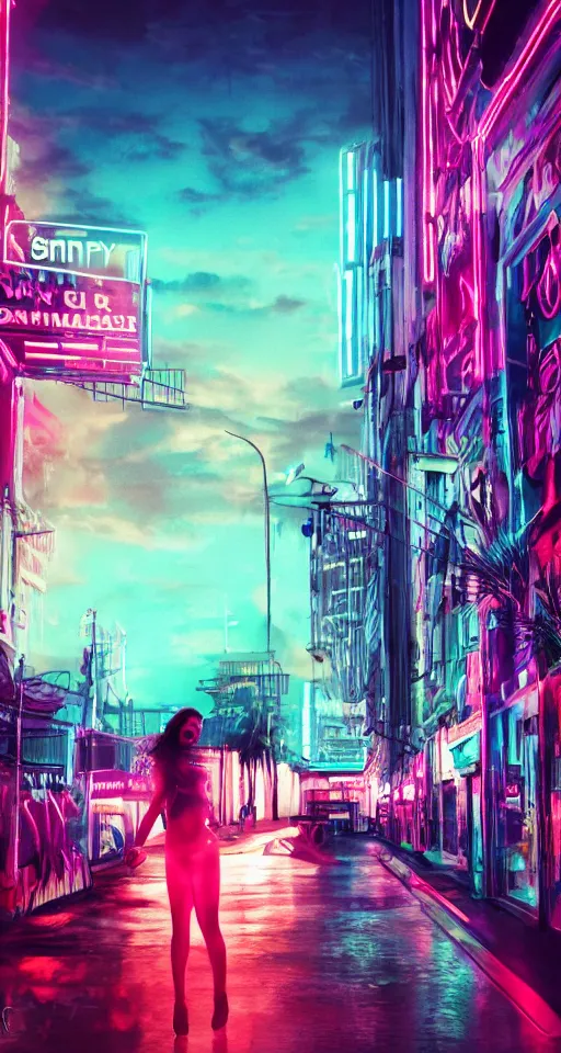 Prompt: hyperrealism, women, city, neon lights, glow, sunset, atmospheric, cinematic, retrowave style,