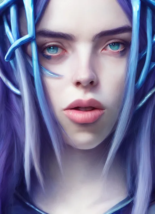 Prompt: billie eilish as female loki by Stanley Artgerm Lau, WLOP, Rossdraws, James Jean, Andrei Riabovitchev, Marc Simonetti, and Sakimichan, trending on artstation, hyper realistic, smooth render, bokeh