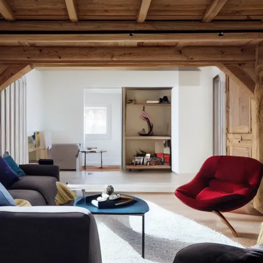 Prompt: a portal inside a living room, the portal leads directly to switzerland