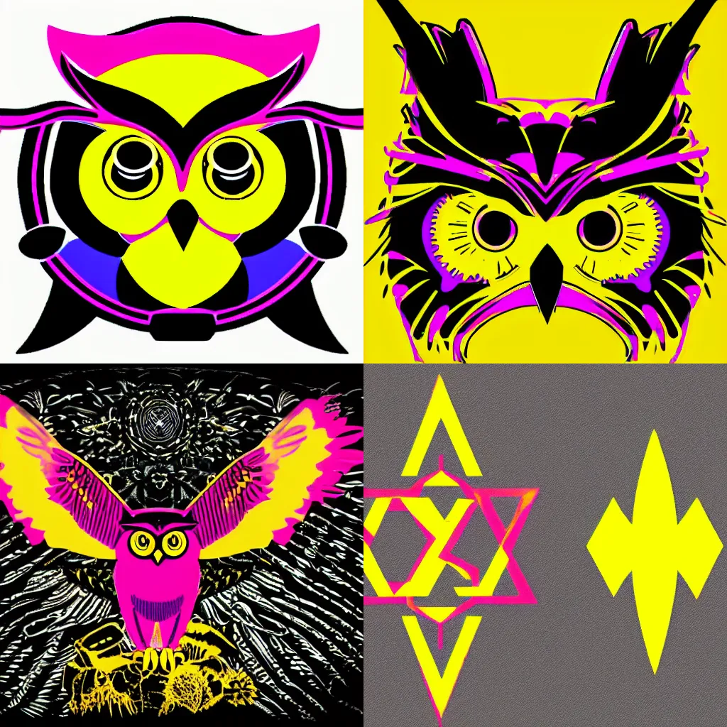 Prompt: A yellow and magenta logo of an owl from wip3out in the y2k style, created by The Designers Republic
